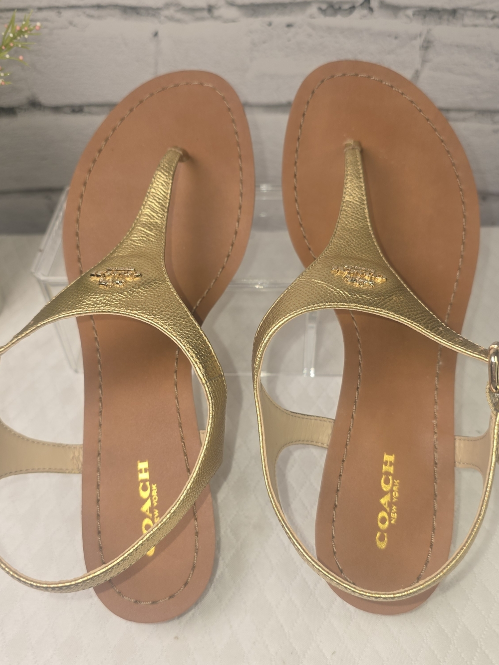 COACH CHEYANNE T-STRAP GOLD METALLIC SANDALS SMALL WEDGE HEEL WOMENS 9.5 - Picture 4 of 9